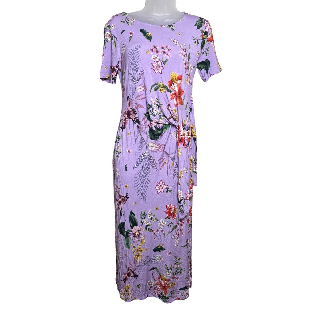 Johnny Was Janie Favorite Lavender Floral Bird Side Tie Knit Midi Dress Women XS
